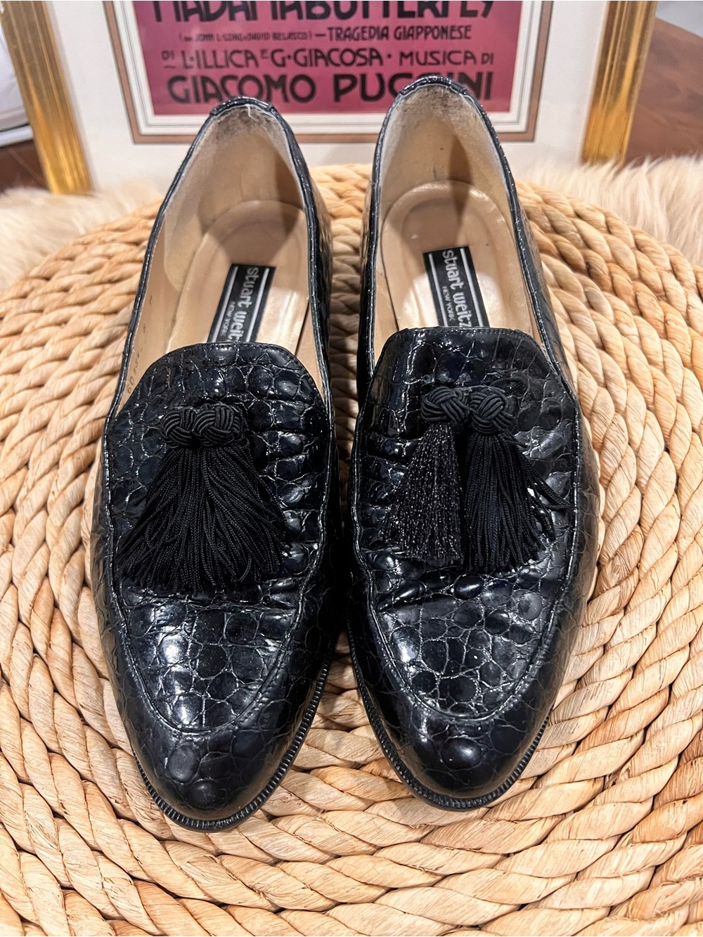 Stuart Weitzman Black Croc Tassel Loafers